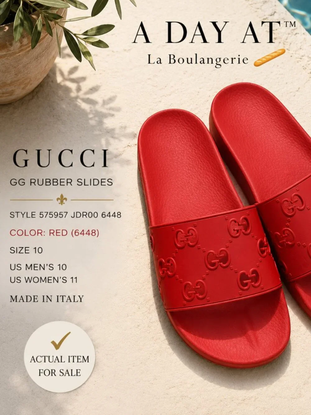Gucci GG Rubber Slides Red 575957 10 Made in Italy Quiet Luxury Resort Designer